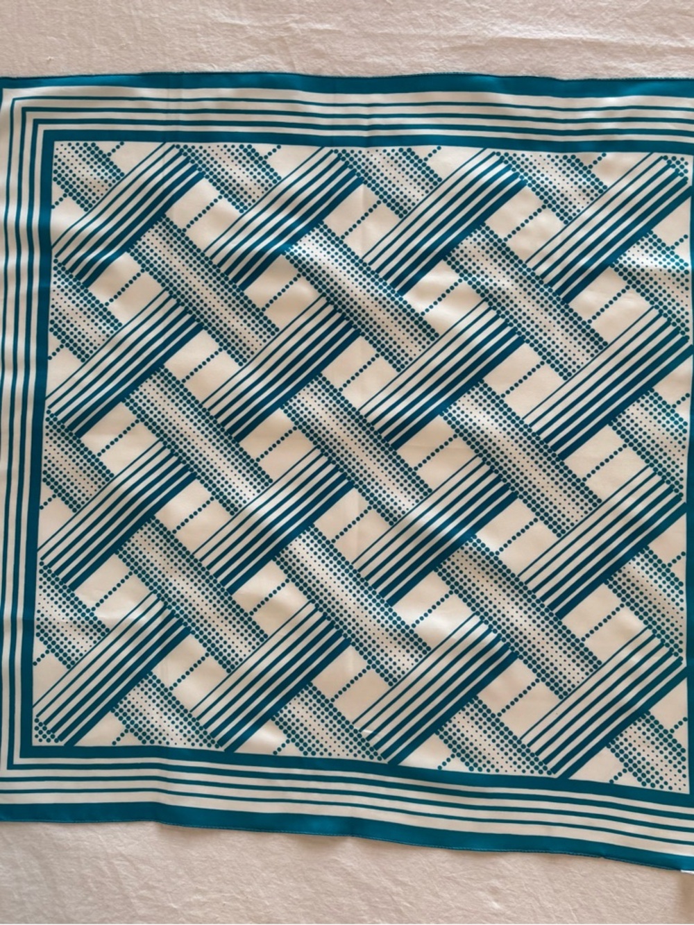 Teal & Cream Geometric Silk Scarf Square Head Neck Tie Retro Chic Accessory - Picture 5 of 7
